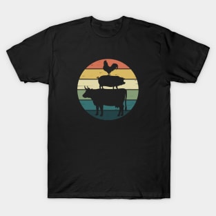 Retro Rainbow Stacked Farm Animals Cow Pig Rooster T-Shirt